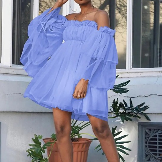 Women Fashion Elegant Solid Color Ruffled Off Shoulder Long-Sleeve Dress