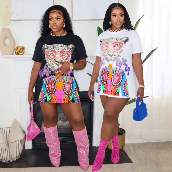 Women 3d Cartoon Leopard Printed Casual T-Shirt Dress
