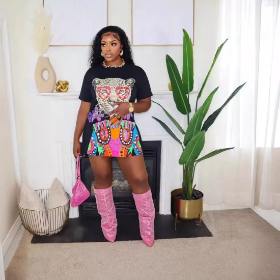 Women 3d Cartoon Leopard Printed Casual T-Shirt Dress