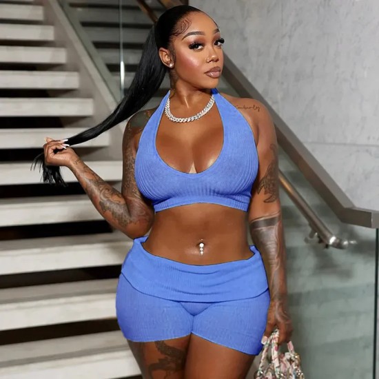 Women Spring And Summer Solid Color Rib-Knit Halter Neck Top Shorts Set
