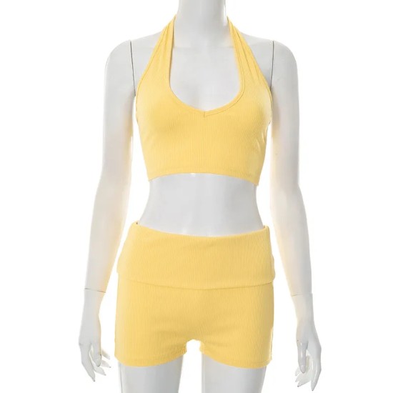 Women Spring And Summer Solid Color Rib-Knit Halter Neck Top Shorts Set