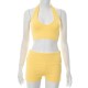 Women Spring And Summer Solid Color Rib-Knit Halter Neck Top Shorts Set
