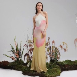 Women Fashion Sexy Floral Printed Halter-Neck Backless Slim-Fit Dress