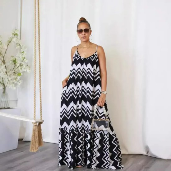 Women Fashion Casual Plus Size Printed Spaghetti Strap Backless Loose Dress