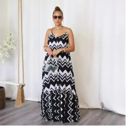 Women Fashion Casual Plus Size Printed Spaghetti Strap Backless Loose Dress