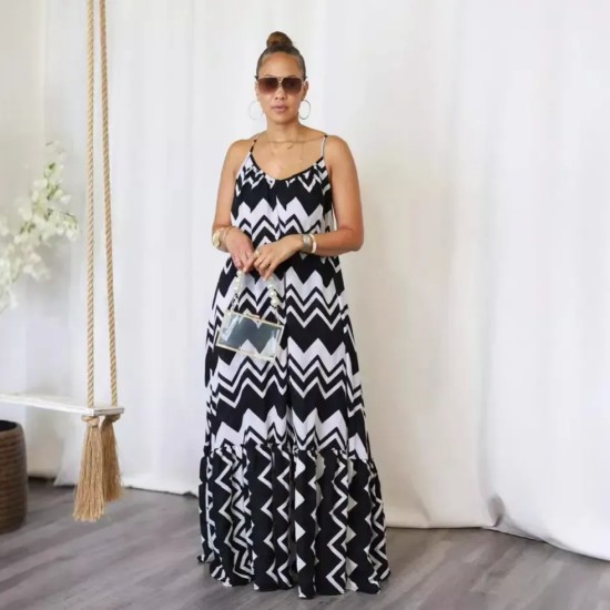 Women Fashion Casual Plus Size Printed Spaghetti Strap Backless Loose Dress