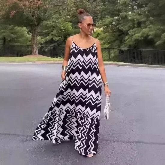 Women Fashion Casual Plus Size Printed Spaghetti Strap Backless Loose Dress