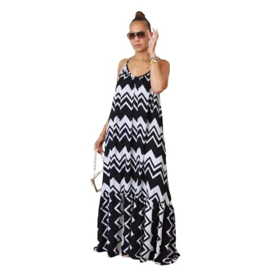 Women Fashion Casual Plus Size Printed Spaghetti Strap Backless Loose Dress