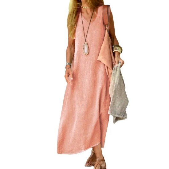Women Fashion Casual Plus Size Solid Color Cotton And Linen Sleeveless Loose Dress