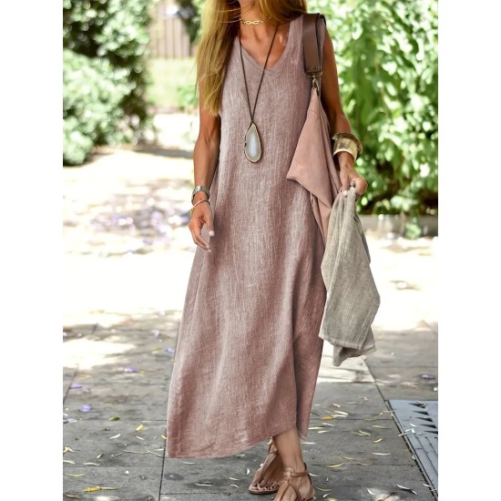 Women Fashion Casual Plus Size Solid Color Cotton And Linen Sleeveless Loose Dress