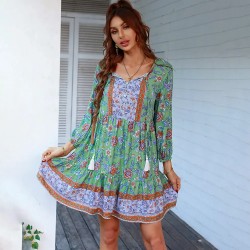 Women Casual Vacation Printed V-Neck Long-Sleeve Loose Dress