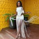 Women Fashion Sexy Solid Color Sleeveless Slim-Fit Bodysuits Tassel Skirt Two-Piece Set