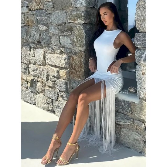Women Fashion Sexy Solid Color Sleeveless Slim-Fit Bodysuits Tassel Skirt Two-Piece Set