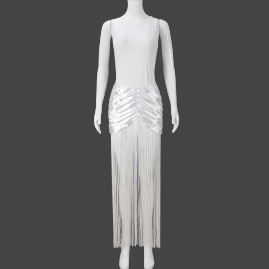 Women Fashion Sexy Solid Color Sleeveless Slim-Fit Bodysuits Tassel Skirt Two-Piece Set