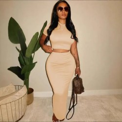 Women Sexy Solid Color Short-Sleve T-Shirt High Waist Skirt Two-Piece Set