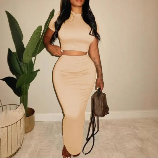 Women Sexy Solid Color Short-Sleve T-Shirt High Waist Skirt Two-Piece Set