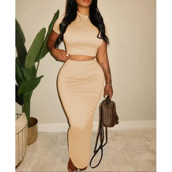 Women Sexy Solid Color Short-Sleve T-Shirt High Waist Skirt Two-Piece Set