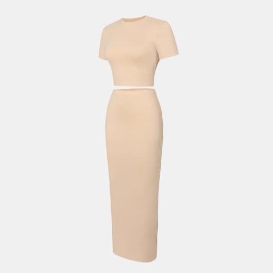 Women Sexy Solid Color Short-Sleve T-Shirt High Waist Skirt Two-Piece Set