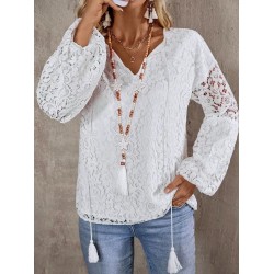 Women Fashion Elegant Lace Stitching V-Neck Long Sleeve Blouse