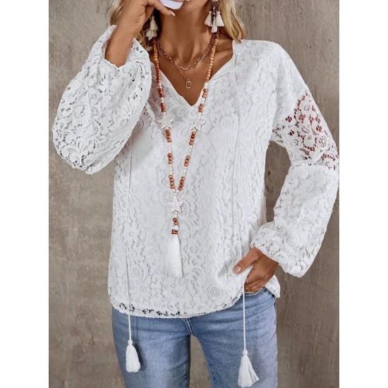 Women Fashion Elegant Lace Stitching V-Neck Long Sleeve Blouse