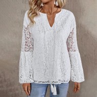 Women Fashion Elegant Lace Stitching V-Neck Long Sleeve Blouse