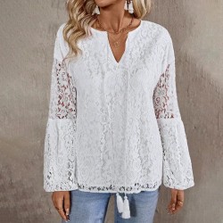 Women Fashion Elegant Lace Stitching V-Neck Long Sleeve Blouse