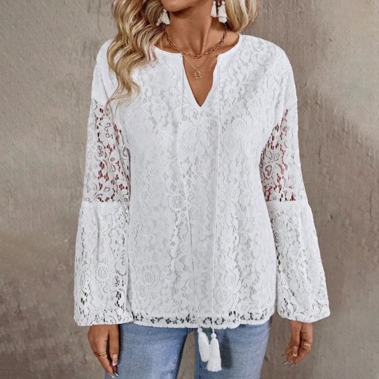 Women Fashion Elegant Lace Stitching V-Neck Long Sleeve Blouse