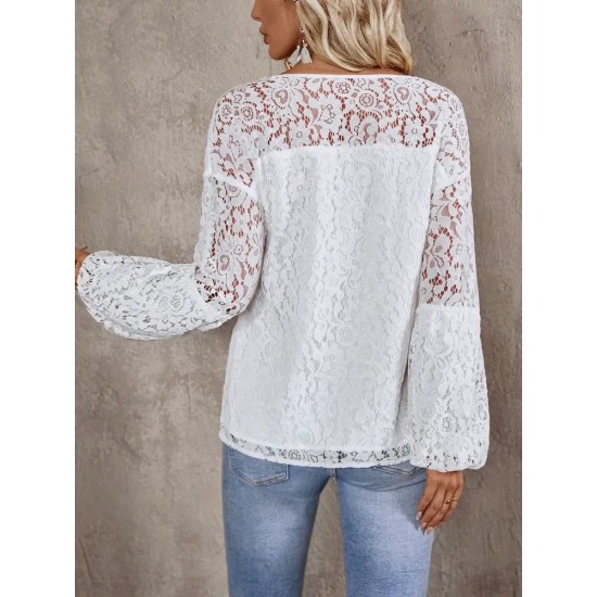 Women Fashion Elegant Lace Stitching V-Neck Long Sleeve Blouse