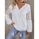 Women Fashion Elegant Lace Stitching V-Neck Long Sleeve Blouse