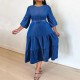 Women Fashion Plus Size Pleated Long-Sleeve Loose Denim Dress