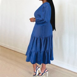 Women Fashion Plus Size Pleated Long-Sleeve Loose Denim Dress