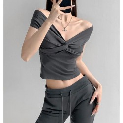 Women Fashion Sexy Solid Color Pleated Off-Shoulder Short-Sleeve T-Shirt
