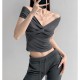 Women Fashion Sexy Solid Color Pleated Off-Shoulder Short-Sleeve T-Shirt