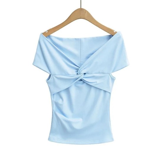 Women Fashion Sexy Solid Color Pleated Off-Shoulder Short-Sleeve T-Shirt