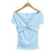 Women Fashion Sexy Solid Color Pleated Off-Shoulder Short-Sleeve T-Shirt