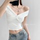 Women Fashion Sexy Solid Color Pleated Off-Shoulder Short-Sleeve T-Shirt