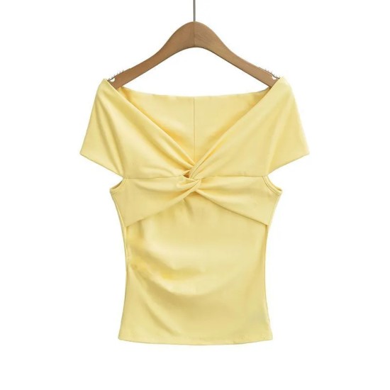 Women Fashion Sexy Solid Color Pleated Off-Shoulder Short-Sleeve T-Shirt