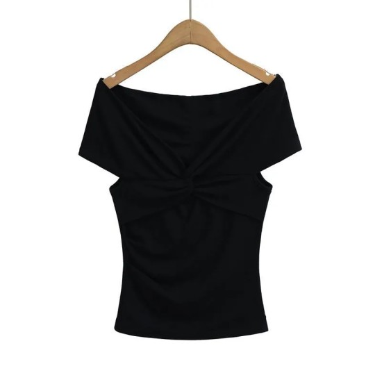 Women Fashion Sexy Solid Color Pleated Off-Shoulder Short-Sleeve T-Shirt