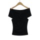 Women Fashion Sexy Solid Color Pleated Off-Shoulder Short-Sleeve T-Shirt