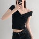 Women Fashion Sexy Solid Color Pleated Off-Shoulder Short-Sleeve T-Shirt
