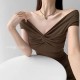 Women Fashion Sexy Solid Color Pleated Off-Shoulder Short-Sleeve T-Shirt