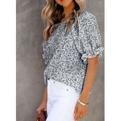 Women Fashion Chiffon Floral Printed Round Neck Short Puff Sleeve Blouse