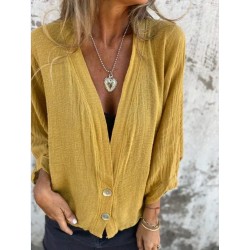 Women Fashion Casual Cotton Linen Solid Color V-Neck Long-Sleeve Loose Blouse