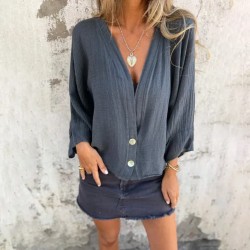 Women Fashion Casual Cotton Linen Solid Color V-Neck Long-Sleeve Loose Blouse