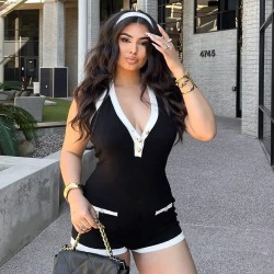 Women Sexy Contrast Color V-Neck Lace-Up Backless Button-Detail Halter Rompers