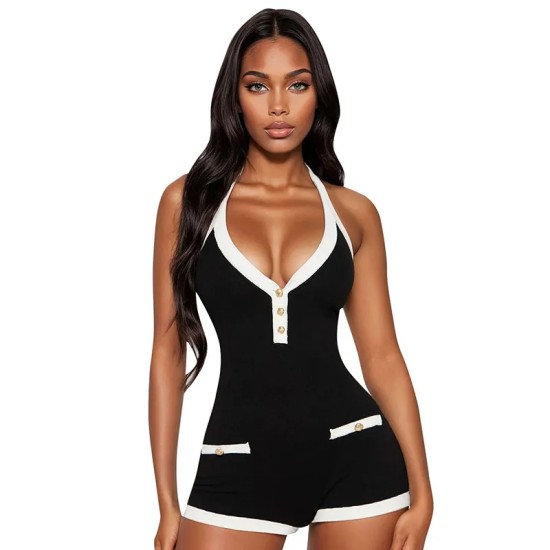 Women Sexy Contrast Color V-Neck Lace-Up Backless Button-Detail Halter Rompers