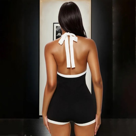 Women Sexy Contrast Color V-Neck Lace-Up Backless Button-Detail Halter Rompers