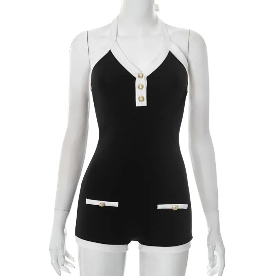 Women Sexy Contrast Color V-Neck Lace-Up Backless Button-Detail Halter Rompers