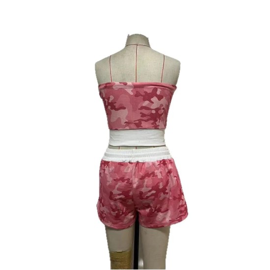 Women Fashion Sexy Camouflage Tube Top Drawstring Shorts Two-Piece Set
