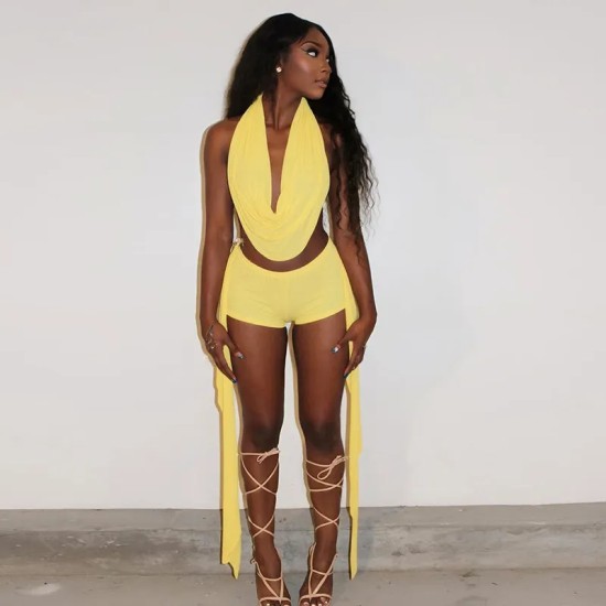 Women Sexy Solid Color Halter Top And Shorts Two-Piece Set